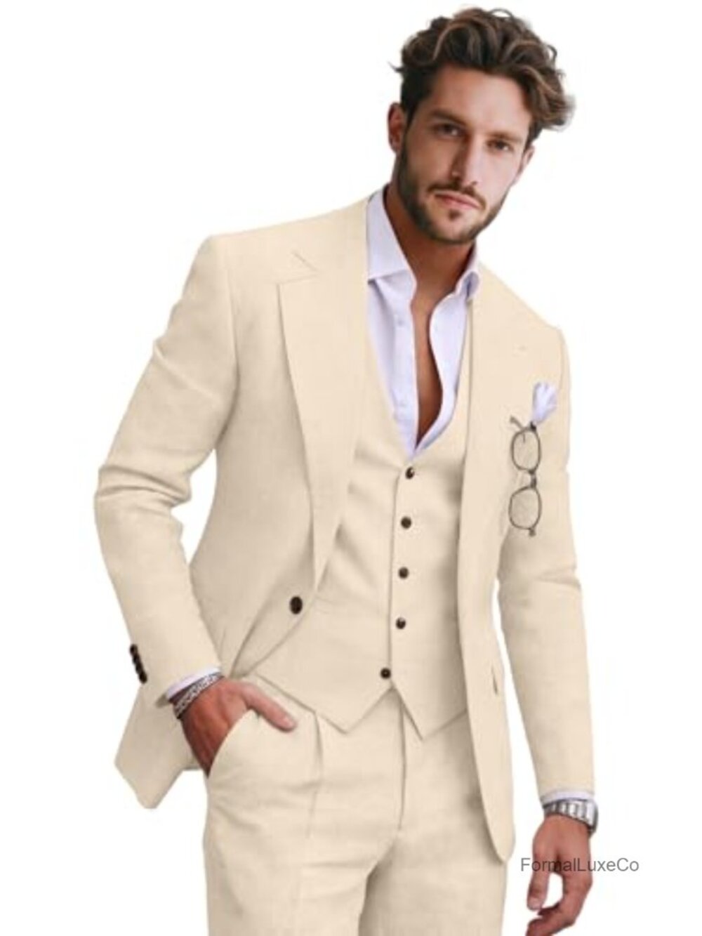 3 Piece Linen Suit Set with Jacket Vest Pants for Men